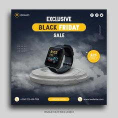 a black friday sale banner with a watch on it and clouds in the sky behind