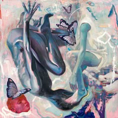 an abstract painting with butterflies flying over the woman's head and body, in pastel colors