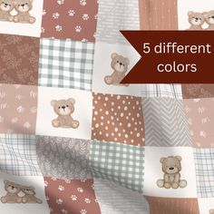 there are five different patterns with teddy bears on them and the words 5 different colors