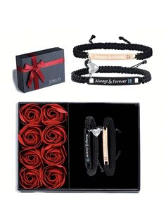 two bracelets, one with red roses and the other with black