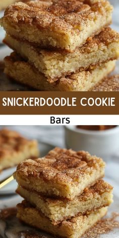 three different views of some food on a plate with the words, snickkerdoodle cookie bars