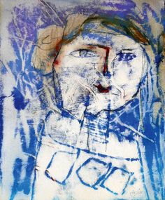 an abstract drawing of a woman's face in blue, white and red colors