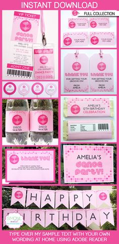 pink and white birthday party printables for girls with tags, name tags, and more