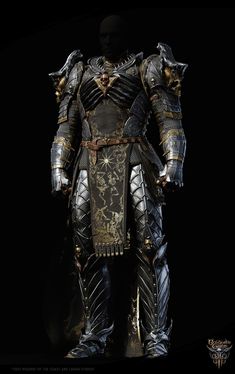 an armor worn in black and gold with spikes on the chest, standing against a dark background