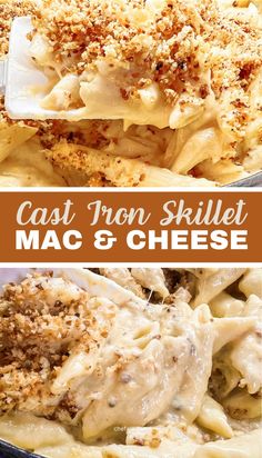 macaroni and cheese casserole with text overlay