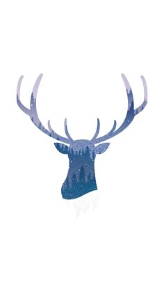 a deer's head with antlers is shown in blue watercolor on a white background