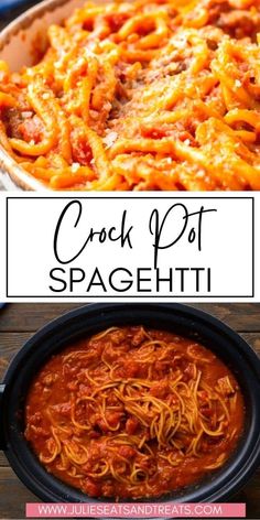 the crock pot spaghetti is ready to be cooked in the oven and served on top of