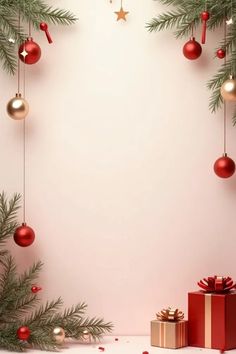 christmas decorations and presents on a pink background