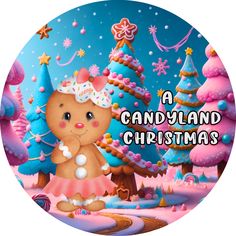 a candy land christmas card with a teddy bear