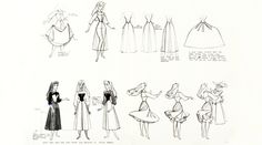 several sketches of dresses and gowns from the early 1900's, including one with long hair