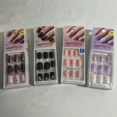 4 Fun Packs Of Impress Nails. Nails Color Black, Impress Nails, Purple Black, Purple And Black, Press On Nails, Womens Makeup, Nail Colors, Size 4, Nails