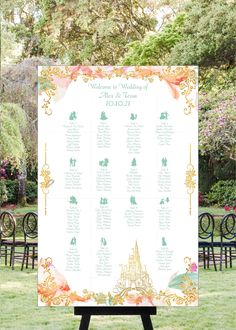 a wedding seating chart is displayed in front of chairs