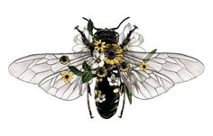 a drawing of a bee with flowers on its back