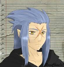 an anime character with blue hair in front of a jail cell wall and mugs