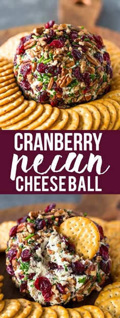 cranberry pecan cheese ball on top of crackers