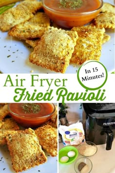 an air fryer fried ravioli recipe is shown in this collage with images