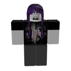 a woman with purple hair is in a black and white box that has the face of a demon on it