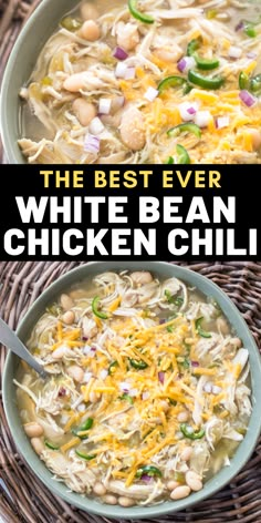 slow cooker white bean chicken chili in a bowl with text overlay that reads, slow cooker white bean chicken