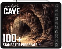 an image of a cave with the words, 100 + stamps for procreate