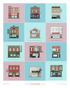 the different types of buildings are depicted in this poster, which shows them all different colors