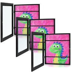 three mirrors with cartoon characters on them and one is holding a mirror in the shape of a dinosaur