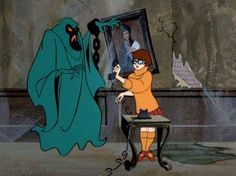 an animated image of a woman in front of a mirror with a ghost behind her