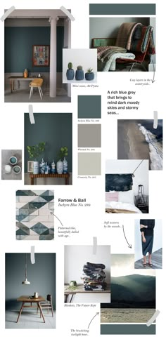 a collage of photos with different furniture and decor items in blue, green, gray and white colors