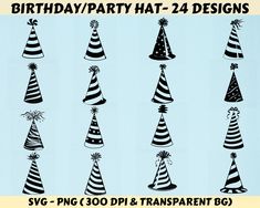 birthday party hats - 24 designs svg, png, 300 dpi & transparent