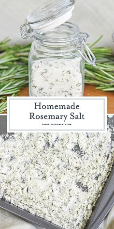 homemade rosemary salt in a glass jar on top of a cutting board