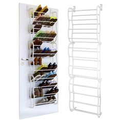 a white shoe rack next to a door