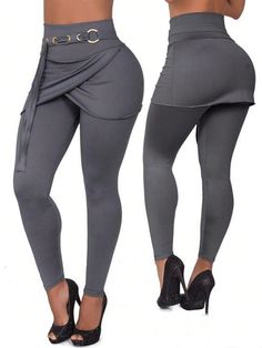 Plus Size Gray Wrap-Over Design Decorative Metal Buckle 2 In 1 Pants With Overlapping Flap Grey    Knitted Fabric Plain Skinny Slight Stretch  Women Plus Clothing, size features are:Bust: ,Length: ,Sleeve Length: Chique Outfit, Shoes Outfit Fashion, Legging Outfits, Women Pants, Fit Pants, Slim Fit Pants, Outfits With Leggings, Classy Outfits, Plus Clothing