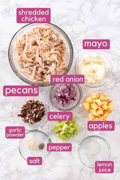 the ingredients for chicken salad in bowls on a marble counter top, labeled with their names