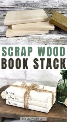 the book stack is made out of wood and tied up with twine, some books are