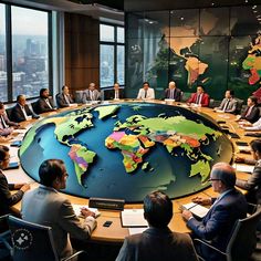 a group of people sitting around a table with a large world map on the wall