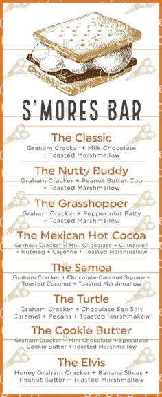 the menu for s'mores bar is shown in an orange and white frame