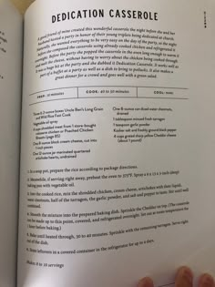 an open book with instructions on how to use dedictation casserole in it