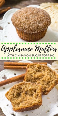 apple muffins with cinnamon sugar topping on a white plate