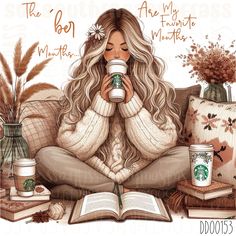 a drawing of a woman sitting on a couch holding a coffee cup and reading a book