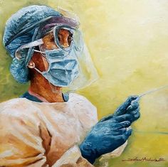 a painting of a man wearing protective gear and holding something in one hand while looking to the side