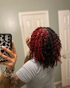 Red Locs Natural Hair, Red Loc Tips, Under Color Locs, Cute Colors To Dye Your Locs, Skunk Stripe With Locs, Half Red Half Black Locs, Short Locs Color Ideas, Died Locs Ideas, Color Combos For Locs