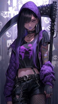 a girl with purple hair holding a large knife