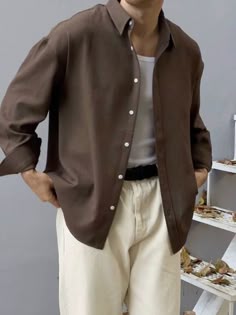 Light Academia Outfit Masculine, Brown Shirt Mens Outfit, Mens Brown Shirt Outfit, Casual Light Academia Outfits Men, Brown Shirt Men Outfits, Male Outfits Light Academia, Brown Button Up Shirt Outfit Men, Men’s Light Academia Fashion, Brown Over Shirt Outfit Men