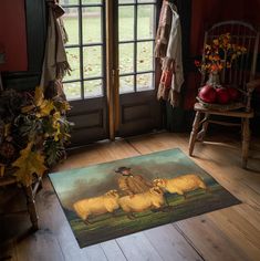 a rug with sheep on it in front of a door