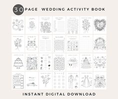 the instant wedding activity book is shown in black and white, with illustrations on it