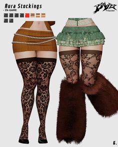 two women in tights and stockings are standing next to each other, with fur on them