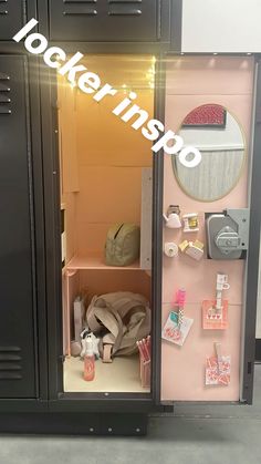 lockers are open with items in them and the door is opened to reveal what's inside