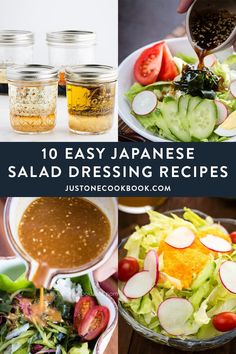 japanese salad dressing recipe in glass bowls with spoons and seasonings on the side