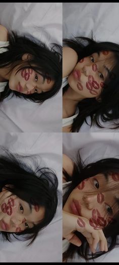 four pictures of a woman with red lipstick on her face and hands behind her head