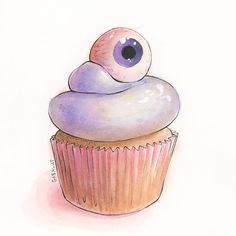 a drawing of a cupcake with purple frosting and an eyeball on top