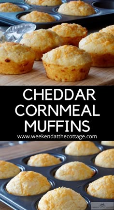 cheddar cornmeal muffins in a muffin tin with the words cheddar cornmeal muffins